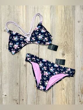 Navy Floral Bikini with Light Pink Trim